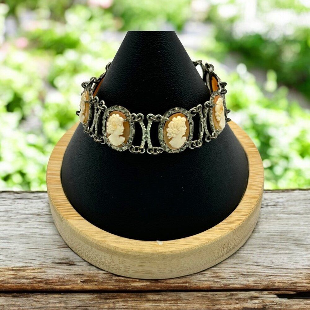 Antique Cameo Carved Shell Link Bracelet Silver Tone Marcasite Estate Find VTG